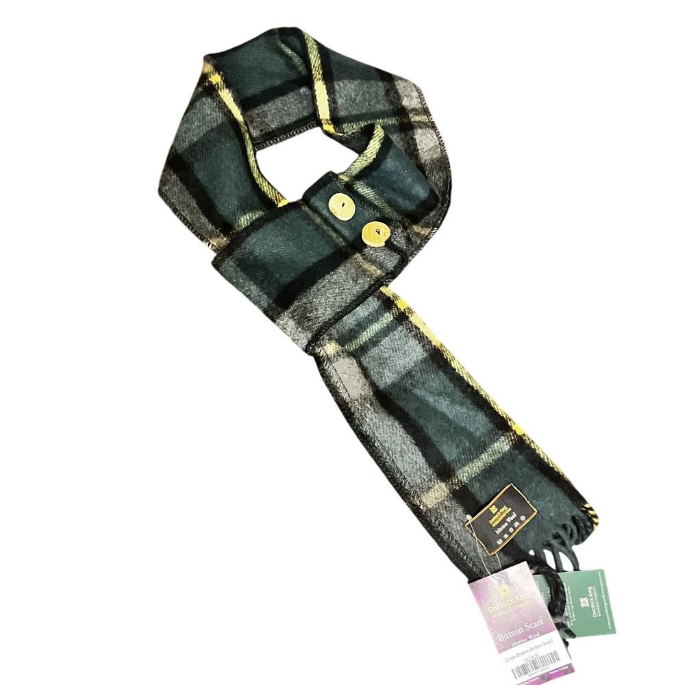 Patrick King Merino Wool Green Plaid Button Scarf With Fringe Trim‎ scottish